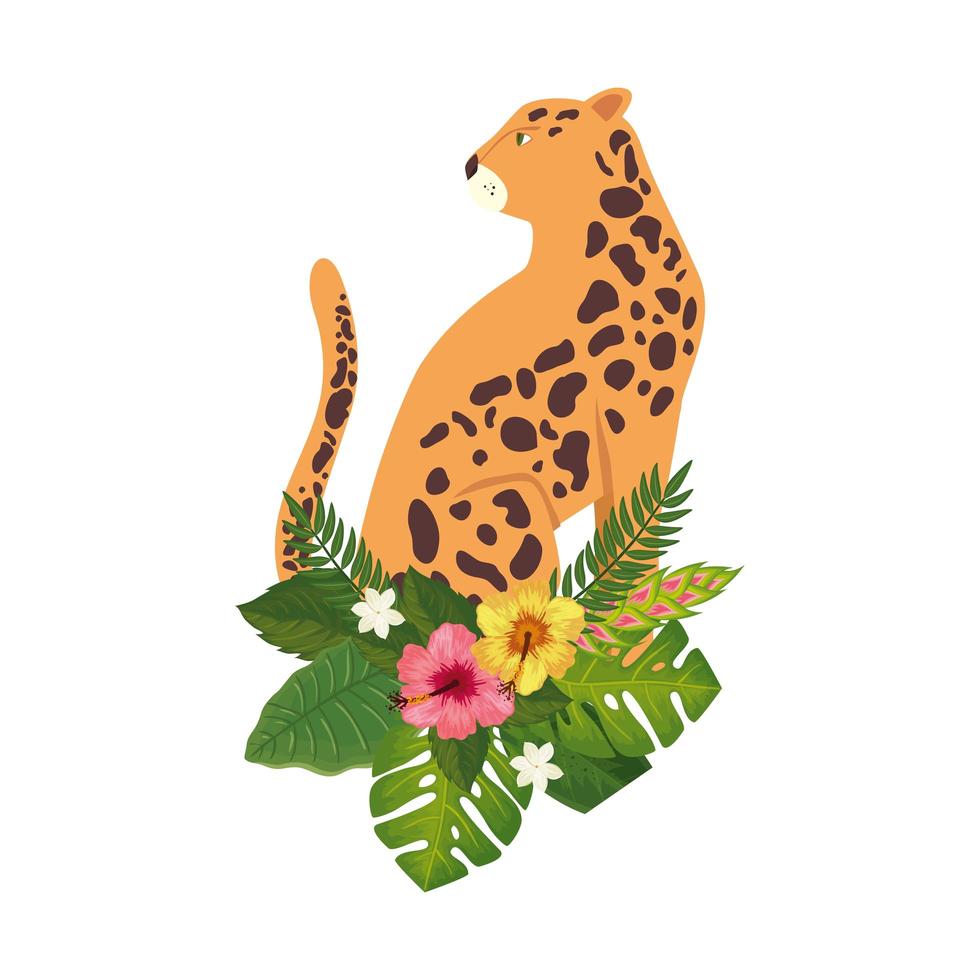 animal leopardo con flores y hojas icono aislado vector