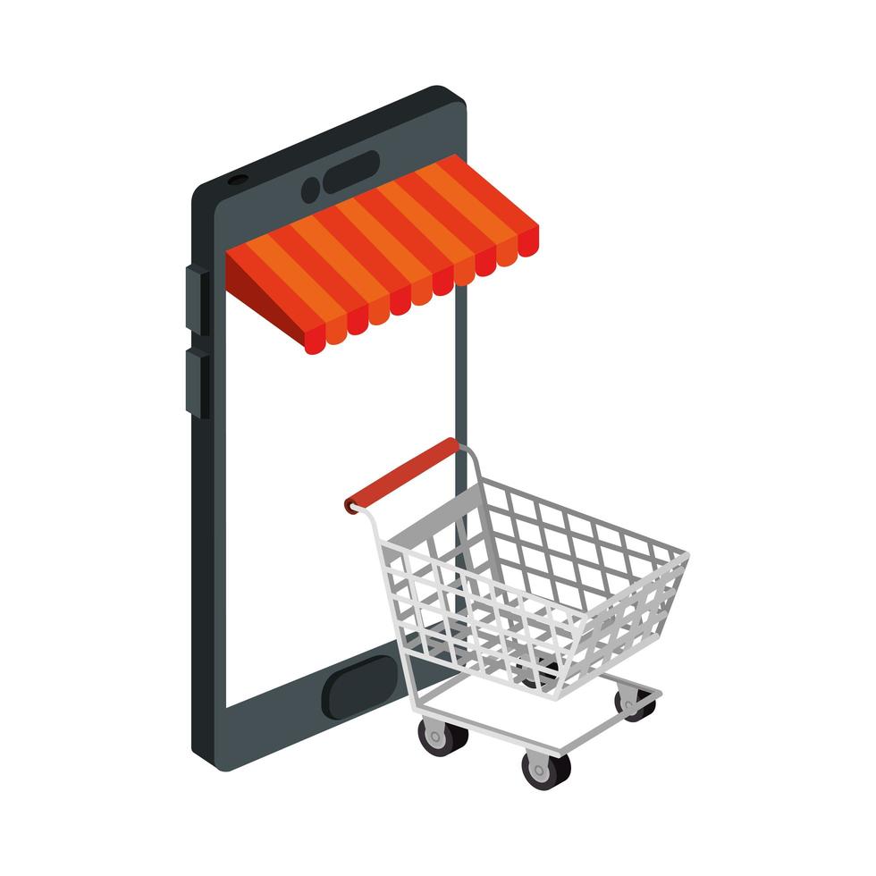 Smartphone con sombrilla y carrito de compras. vector