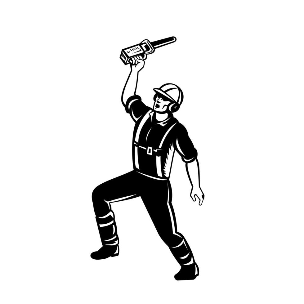 Arborist Raising Up Chainsaw and Shouting Retro Woodcut vector