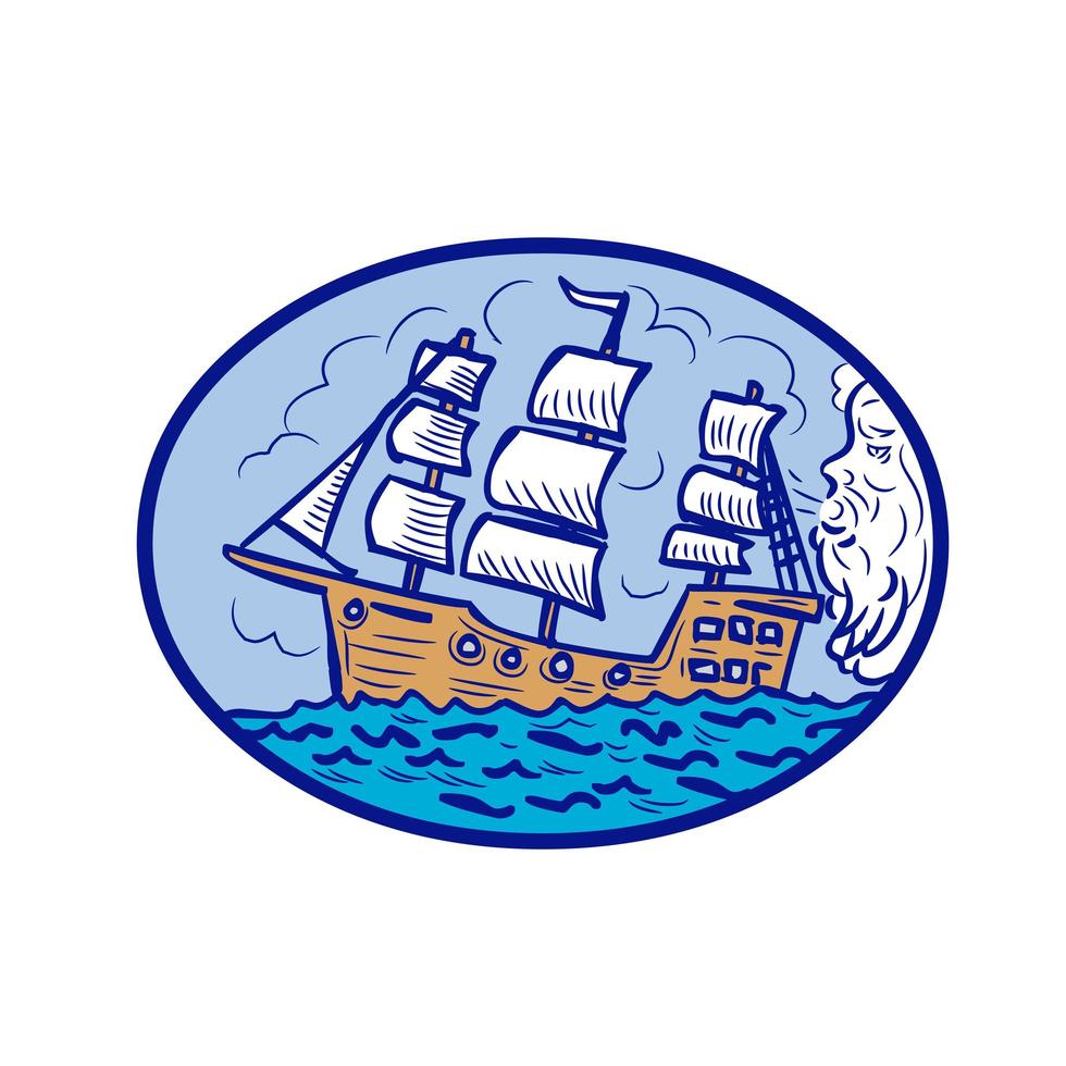 Boreas Blowing Sailing Ship Oval Drawing vector