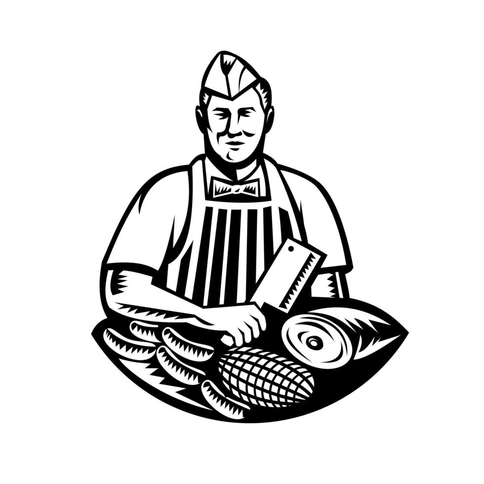 Butcher With Knife and Meat Cuts Retro Woodcut Black and White vector