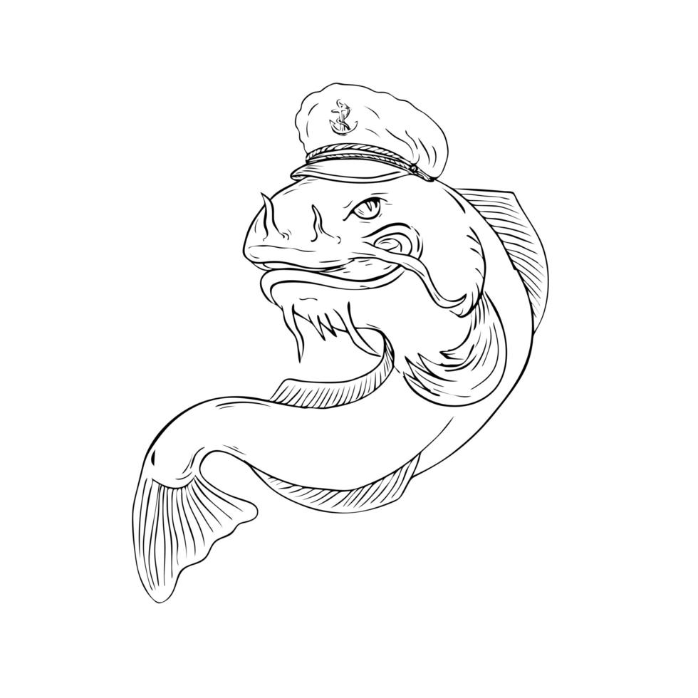 Captain Catfish Wearing Cap Jumping Drawing Black and White vector