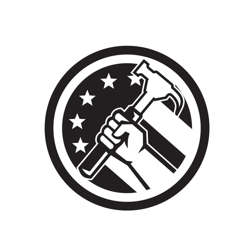 carpintero, mano, tenencia, martillo, usa, bandera, círculo, retro, icono vector