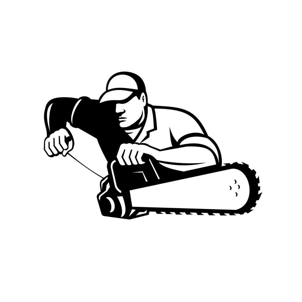 Arborist Holding Chainsaw Facing Front Black and White Retro vector