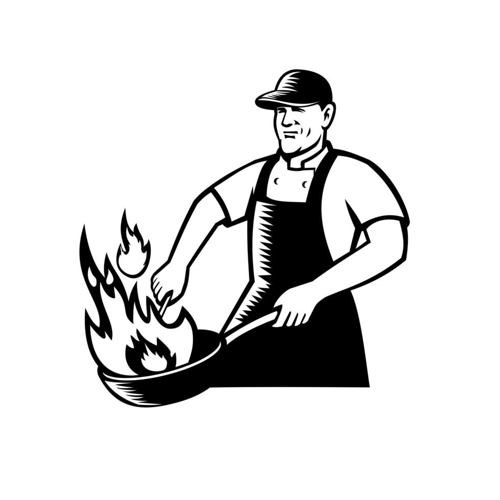 Chef cocinando sartén en blanco y negro vector