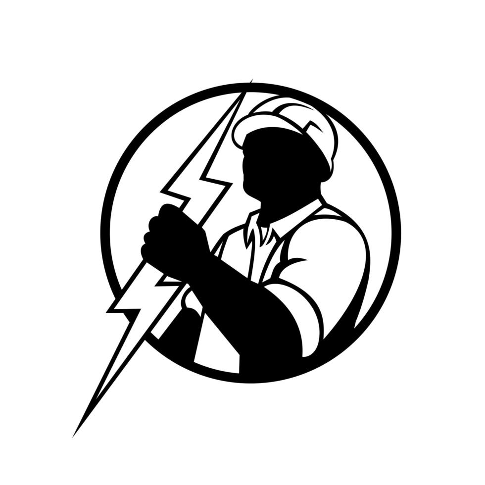 Electrician Holding Lightning Bolt Mascot Circle Black and White vector