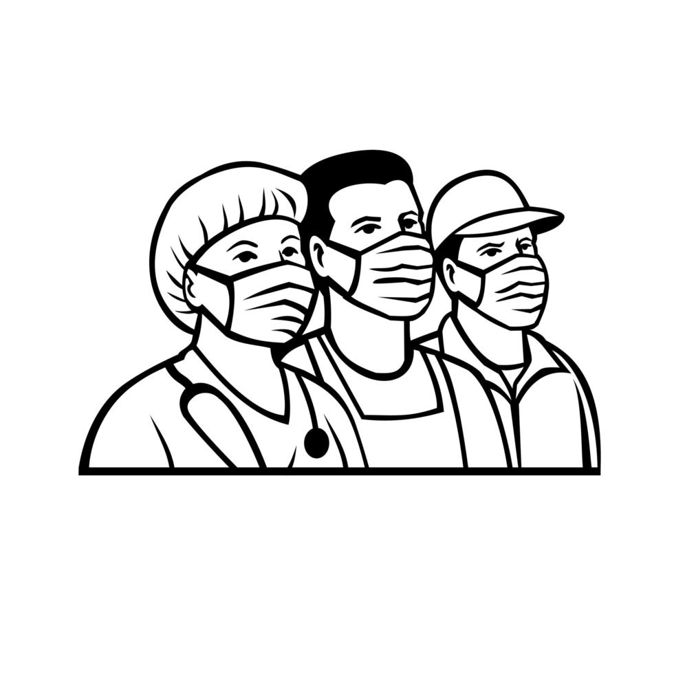 Front Line or Essential Workers As Heroes Black and White Retro vector