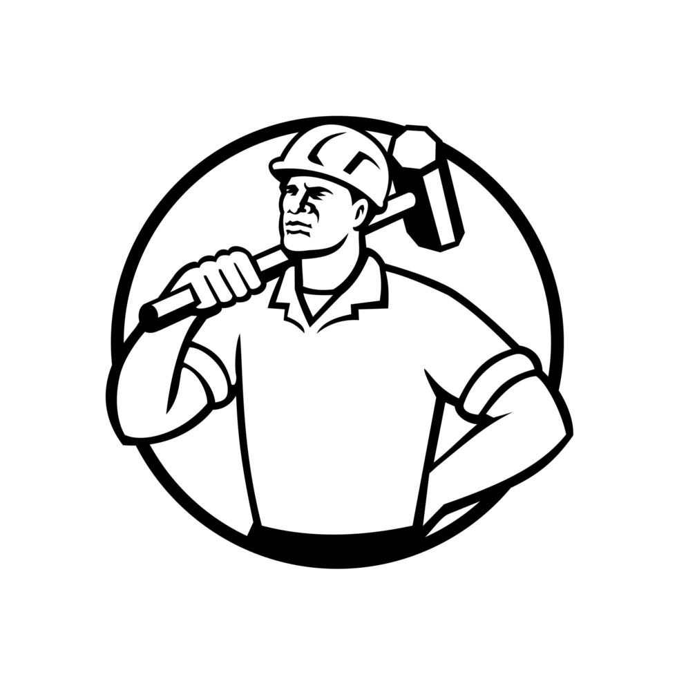 Demolition Worker with Sledgehammer Circle Retro vector