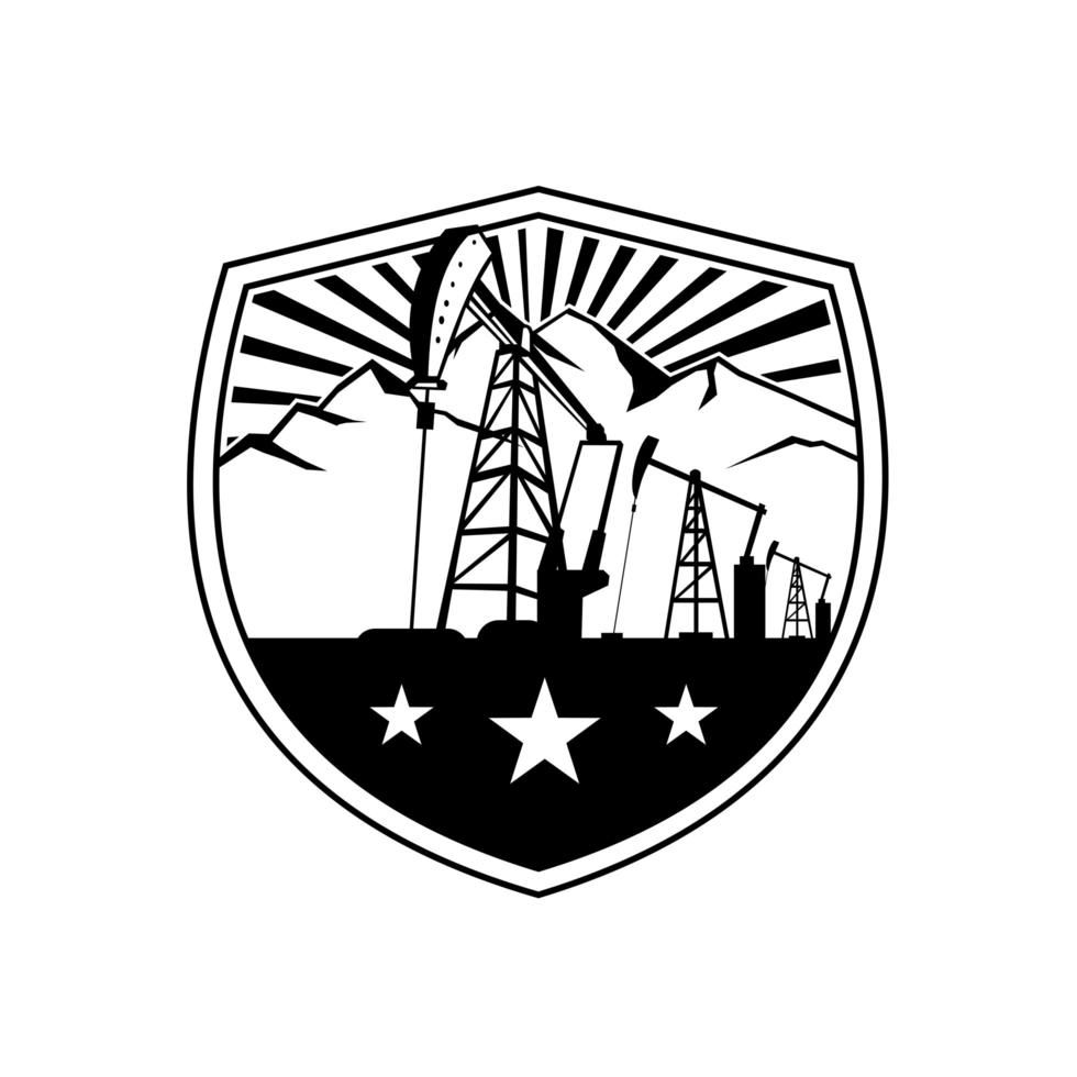 Oil Derrick and Mountains Shield Badge Retro Black and White vector