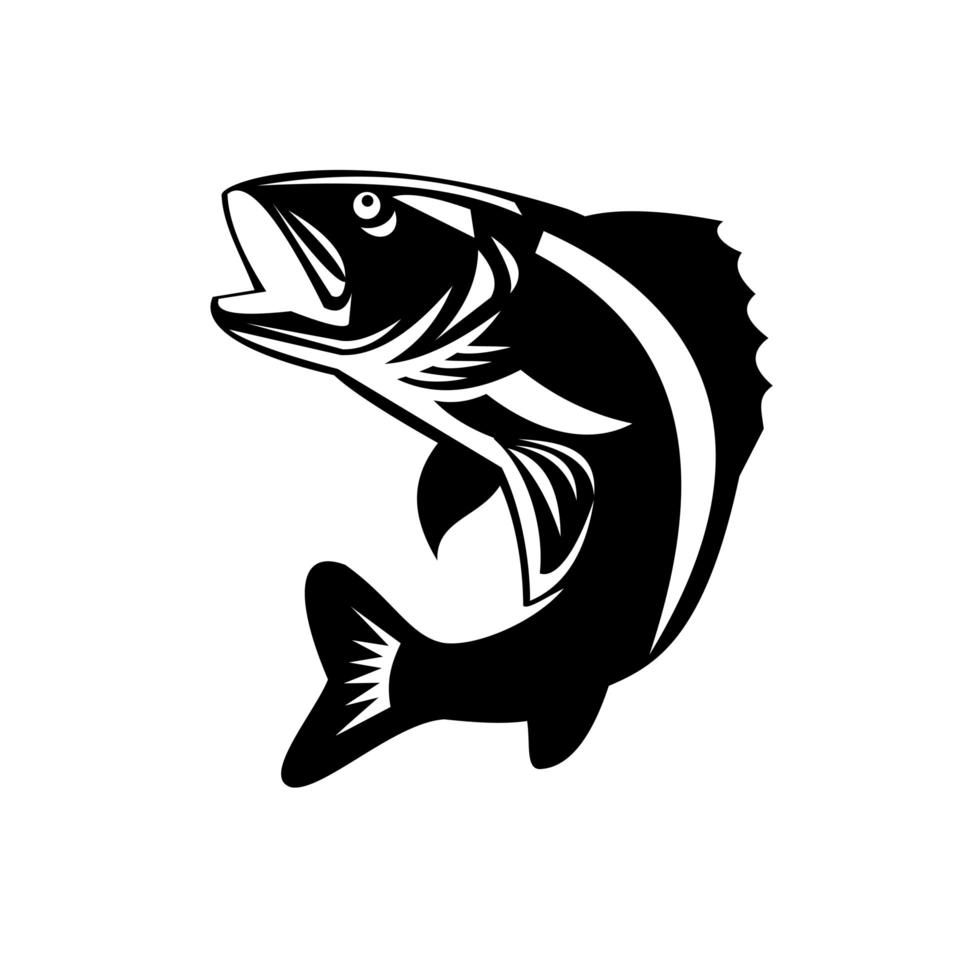 Walleye Fish Jumping Up Isolated Retro Black and White vector