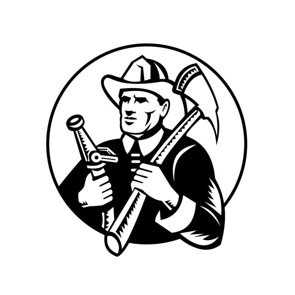 Fireman Holding Fire Axe and Hose Circle Woodcut vector