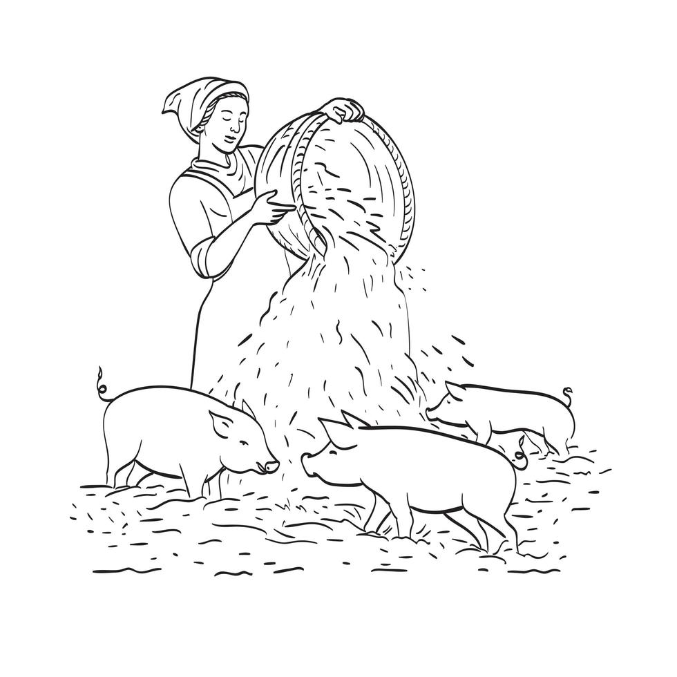 mujer campesina alimentando cerdos dibujo de arte lineal vector