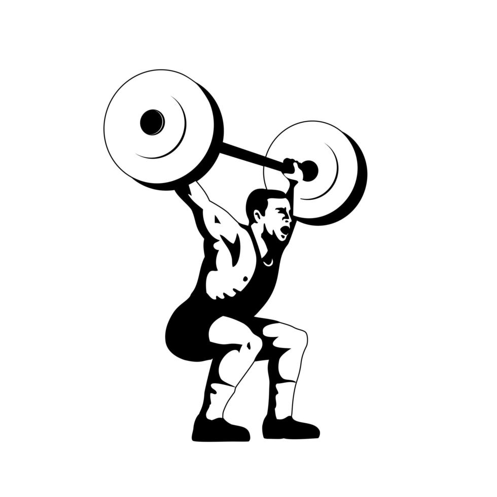 Weightlifter Lifting Barbell Side View Retro Woodcut vector