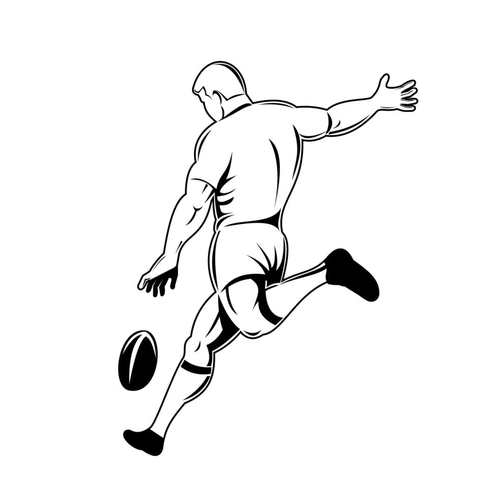 jugador de rugby o pateador drop pateando la pelota vista desde el costado vector