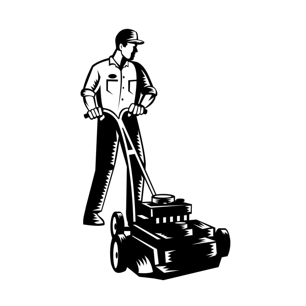 Gardener Mowing With Lawnmower Front View Woodcut vector