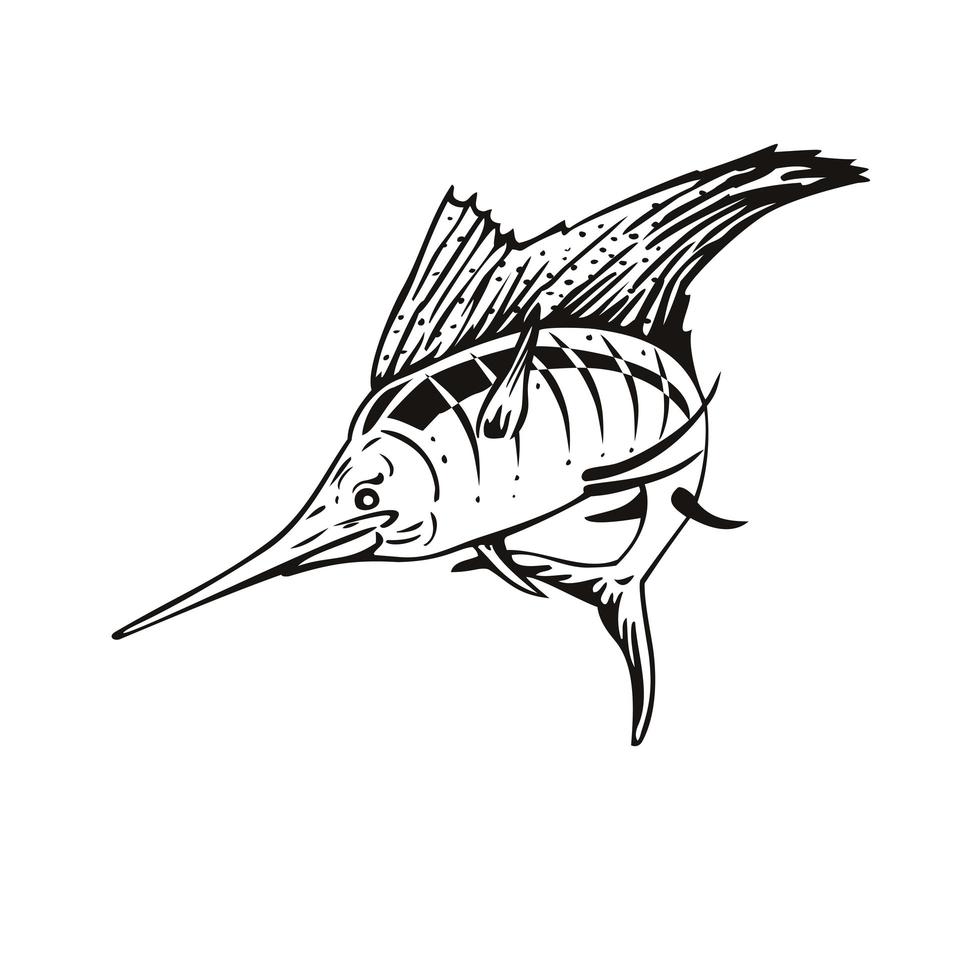 Atlantic Sailfish Jumping Up Woodcut Retro Black and White vector