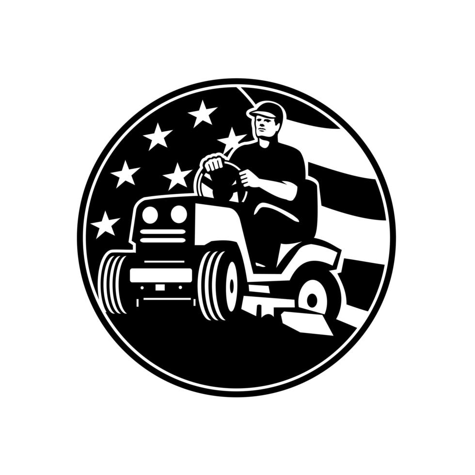 American Gardener Groundsman Groundskeeper Riding Ride-on Lawn Mower USA Flag Retro vector