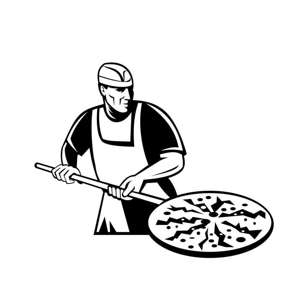 fabricante de pasteles de pizza sosteniendo una cáscara de pizza retro frontal vector