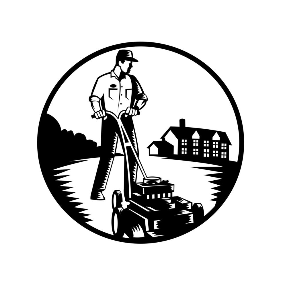 Gardener Mowing With Lawn Mower Woodcut Retro Black and White vector