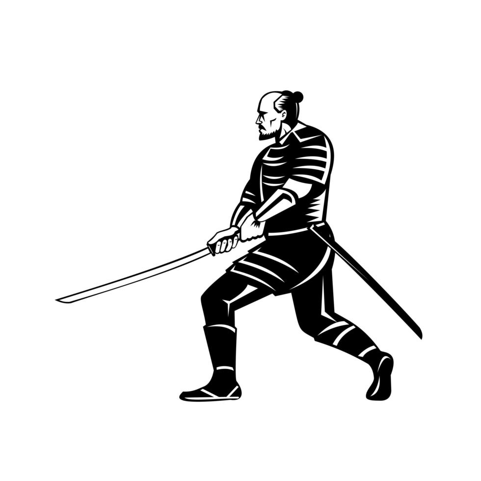 Guerrero samurai con espada katana en posición de combate retro vector