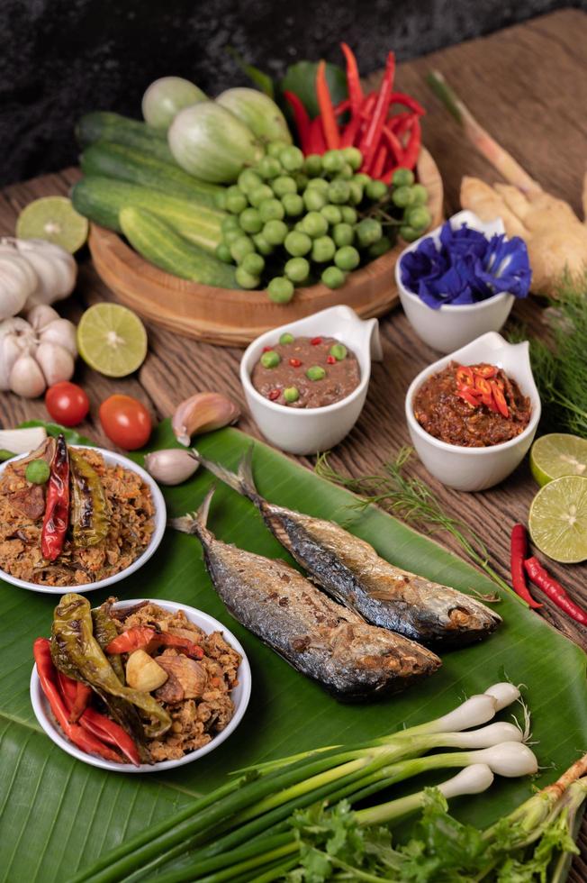 Shrimp paste and mackerel, fried on banana leaves with chili, tomato and garlic photo