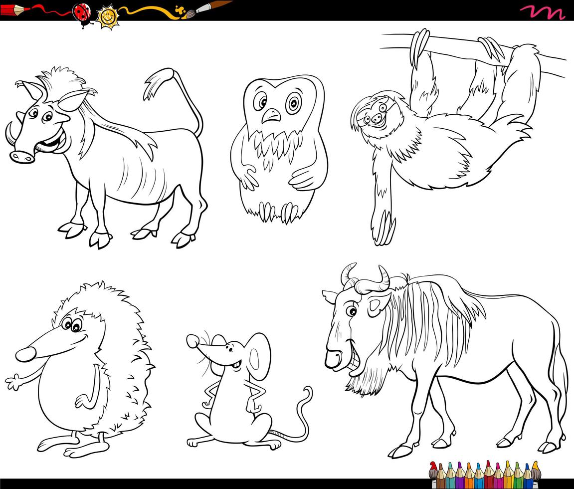 cartoon animal characters set color book page vector