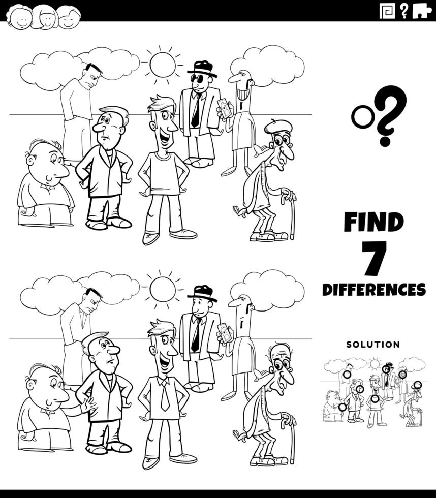 differences task with cartoon people coloring book page vector