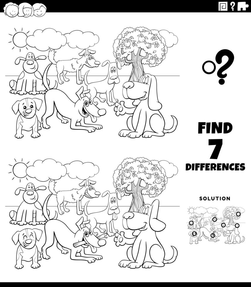 Juego de diferencias con perros de dibujos animados para colorear página del libro vector