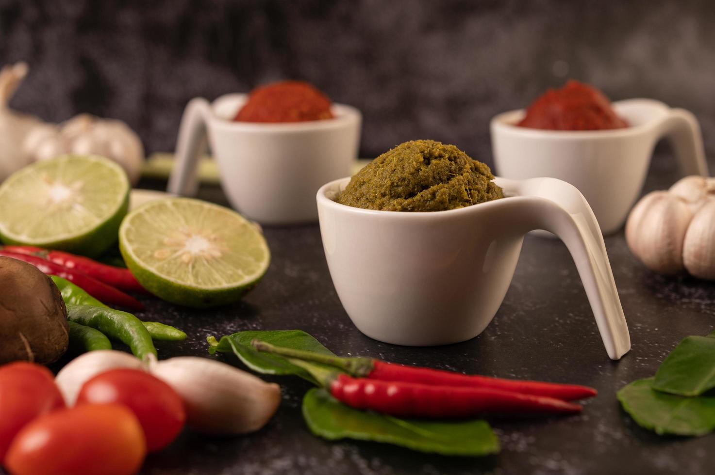 Green curry paste in a white ceramic cup photo