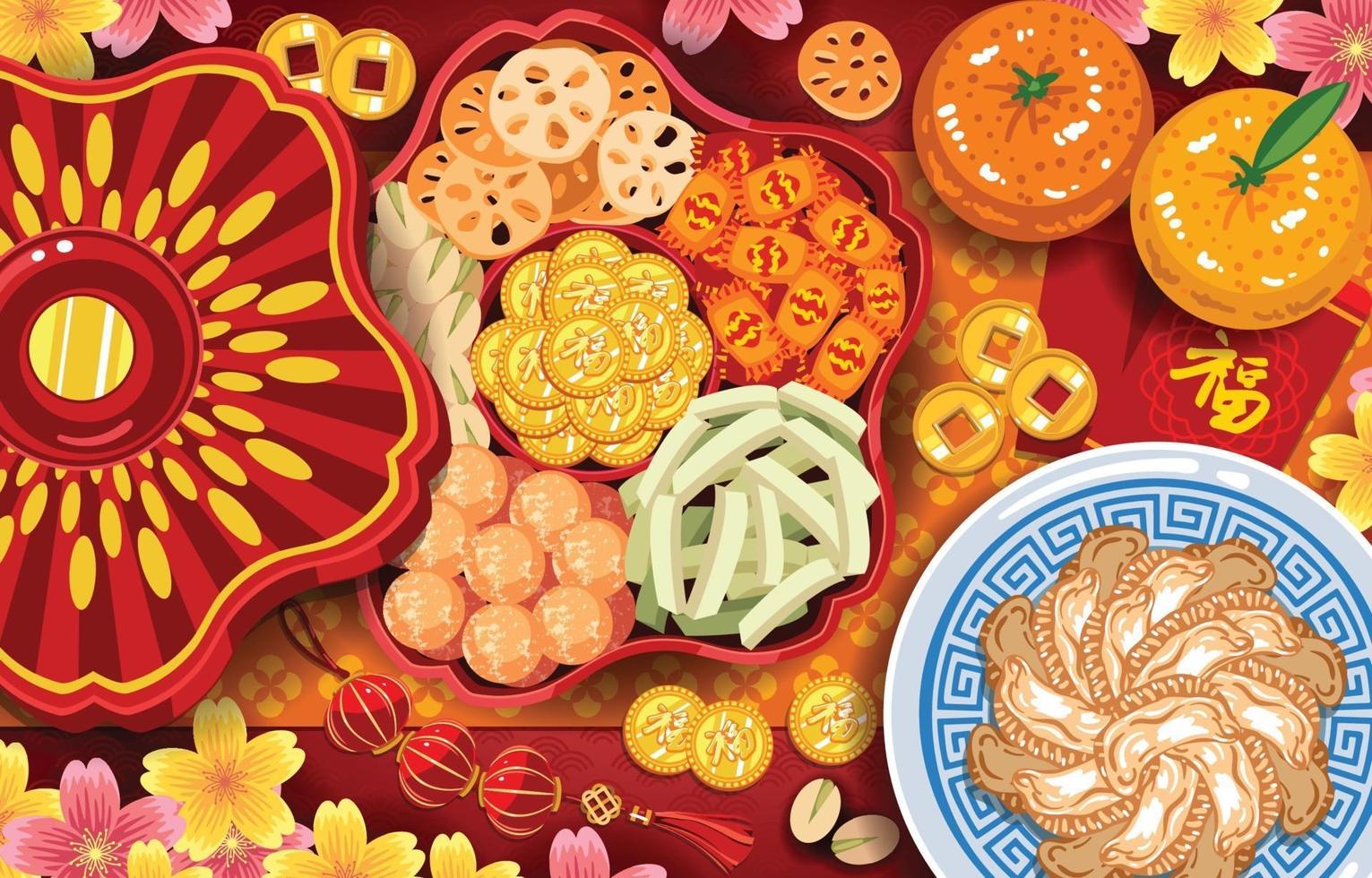 concepto de manjares y alimentos básicos del año nuevo chino vector