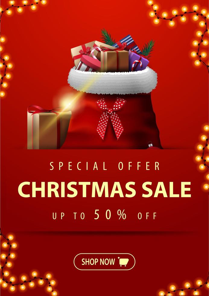 Special offer, Christmas sale, up to 50 off, vertical red discount banner with garland, button and Santa Claus bag with presents vector