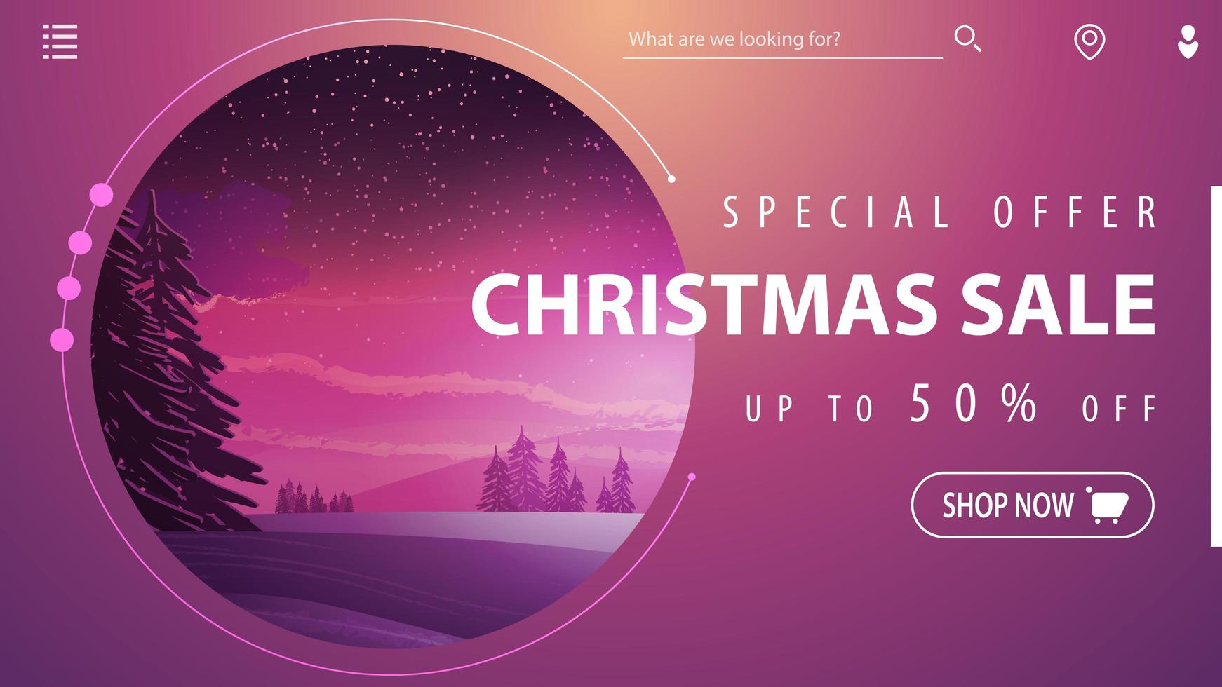 Special offer, Christmas sale, up to 50 off, beautiful pink modern discount banner with winter landscape on background vector