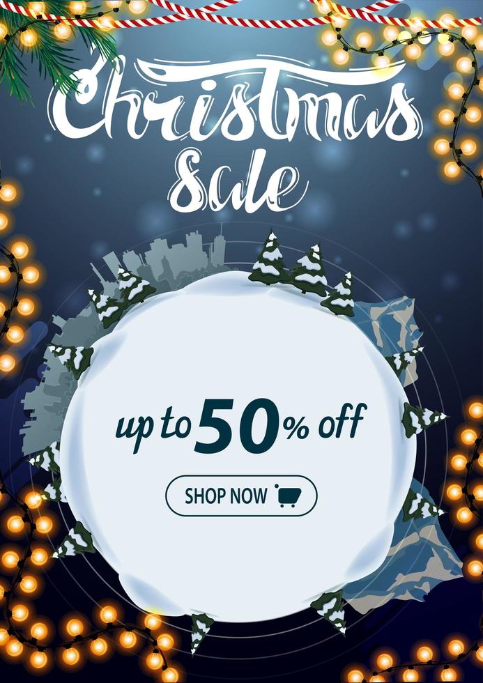 Christmas sale, up to 50 off, vertical blue discount banner with cartoon winter landscape in the form of snowball vector