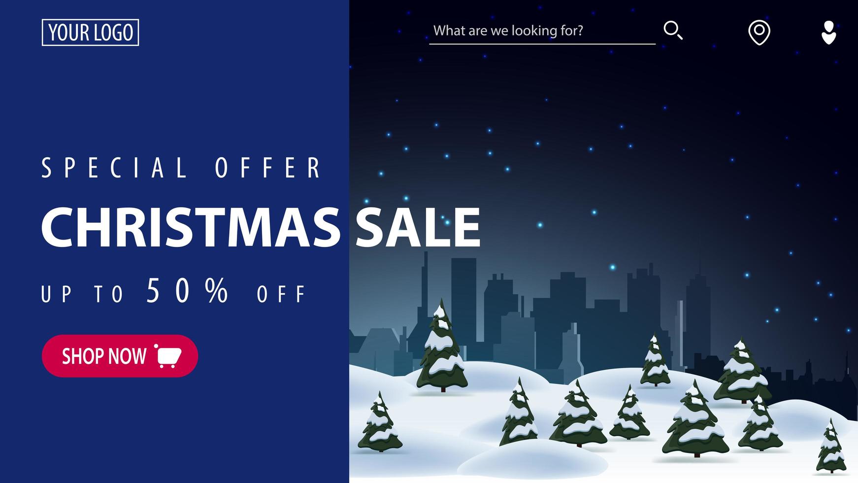 Special offer, Christmas sale, up to 50 off, beautiful blue modern discount banner for website with beautiful winter landscape on background and blue curtain for text vector