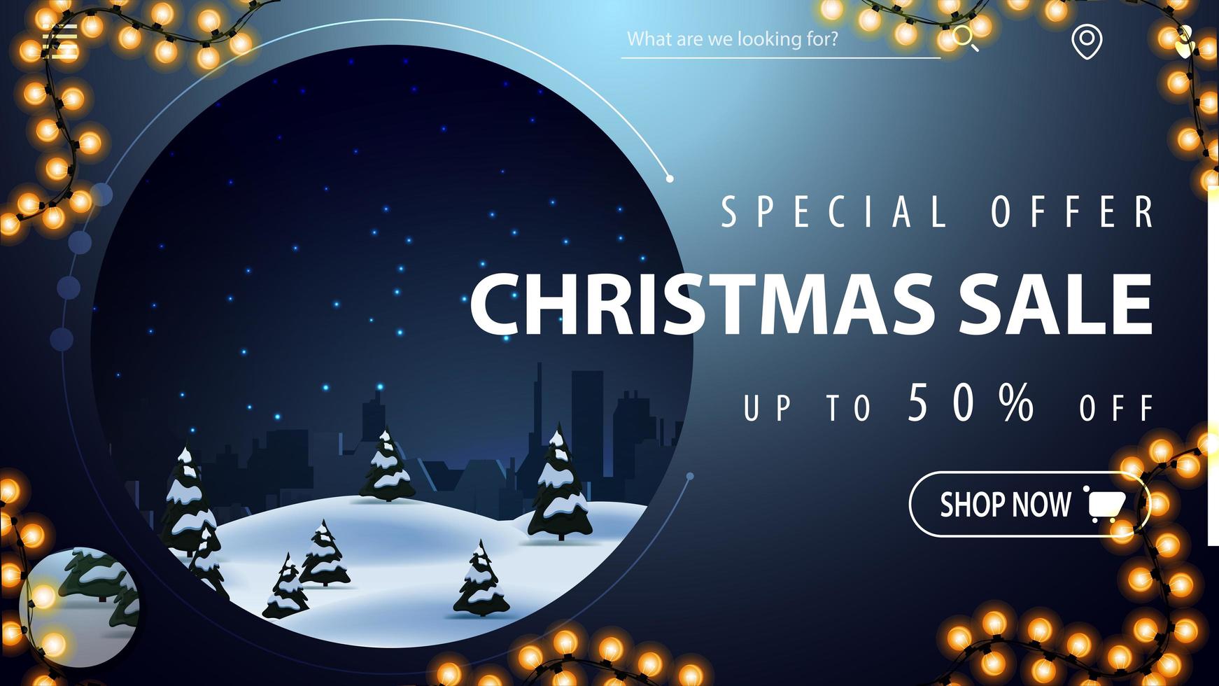 Special offer, Christmas sale, up to 50 off, beautiful blue modern discount banner with winter landscape on background and garland frame vector