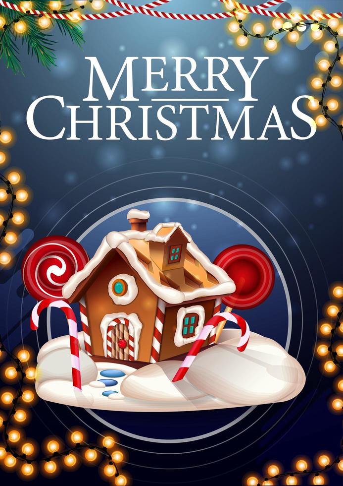 Merry Christmas, vertical blue postcard with garland and Christmas gingerbread house vector