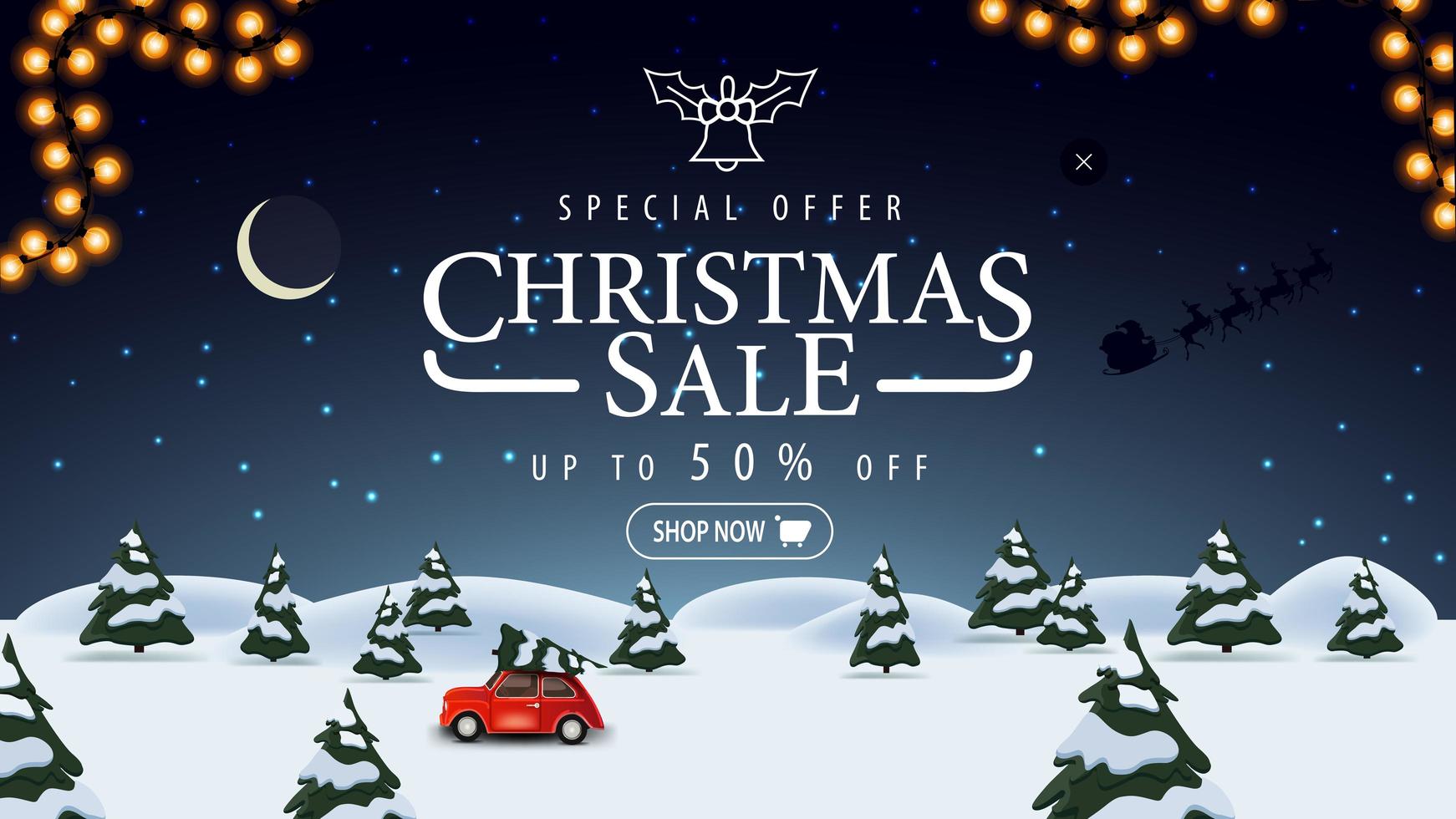 Special offer, Christmas sale, up to 50 off, blue discount banner with night winter landscape on background, starry sky and red vintage car carrying Christmas tree vector