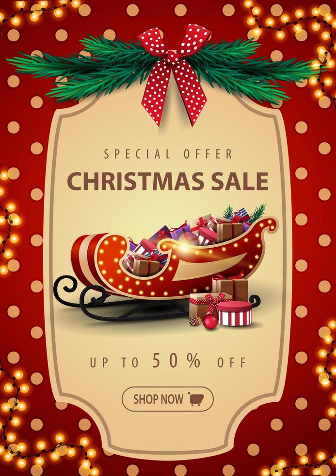 Special offer, Christmas sale, up to 50 off, beautiful discount banner with garland, red polka dot texture on background, vintage frame, christmas tree branches, red bow and Santa Sleigh with present vector