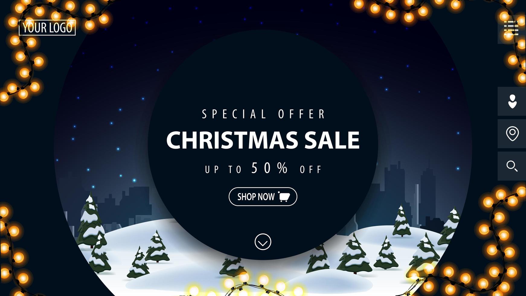 Special offer, Christmas sale, up to 50 off, beautiful blue modern discount banner with big decorative circles and winter landscape on background vector