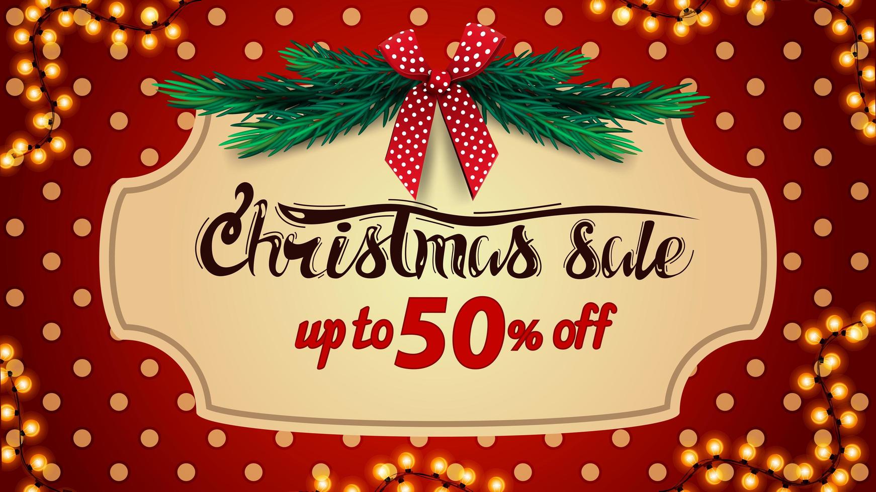 Christmas sale, up to 50 off, red discount banner with polka dot texture on background, vintage frame, christmas tree branches and red bow vector