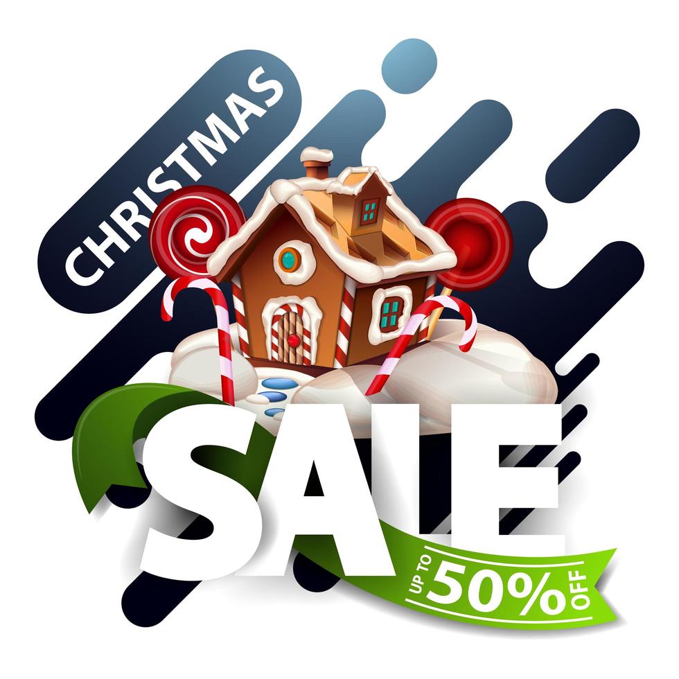 Christmas sale, up to 50 off, discount blue pop up for website with smooth abstract lines, large letters, green ribbon and Christmas gingerbread house vector