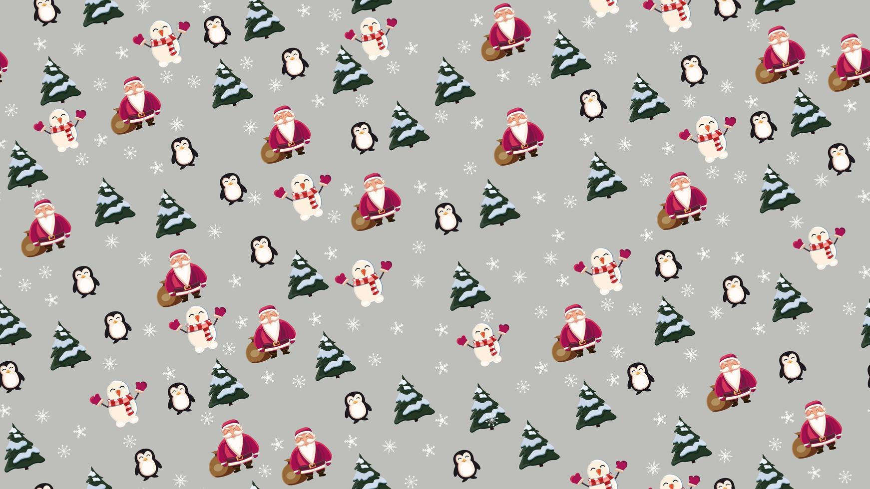 Christmas seamless texture with Santa Claus, penguin, Christmas tree, snowman and snowflakes on grey background vector