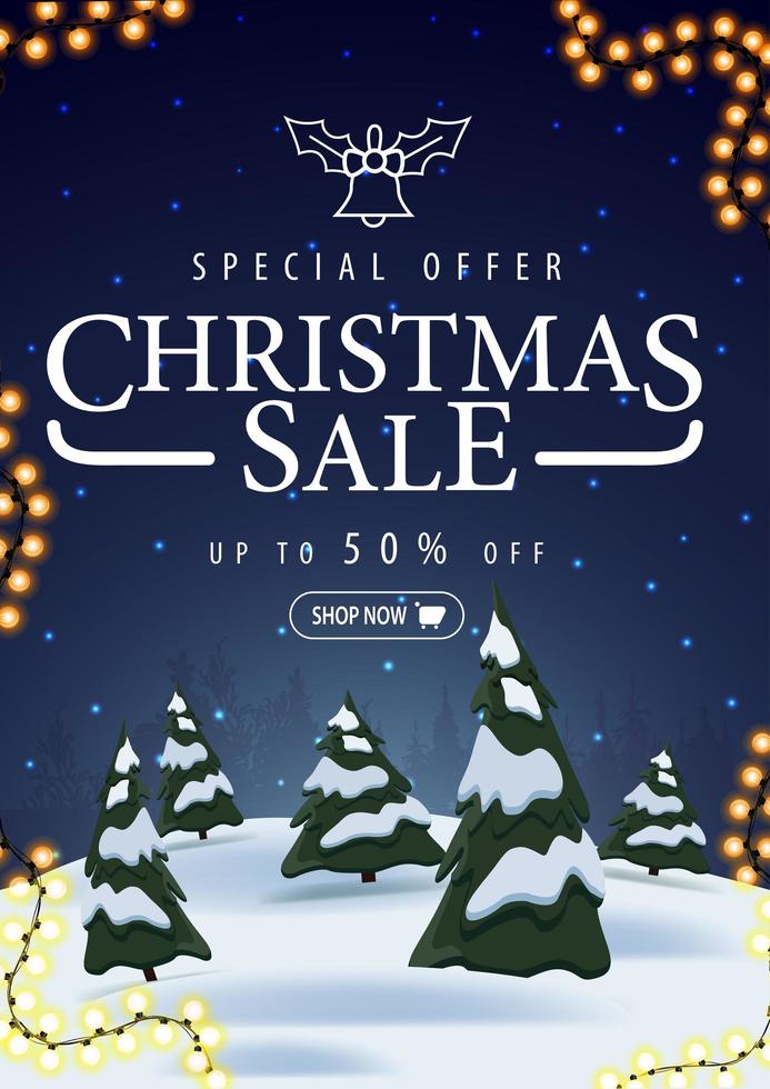 Special offer, Christmas sale, up to 50 off, vertical blue discount banner with winter landscape on background vector