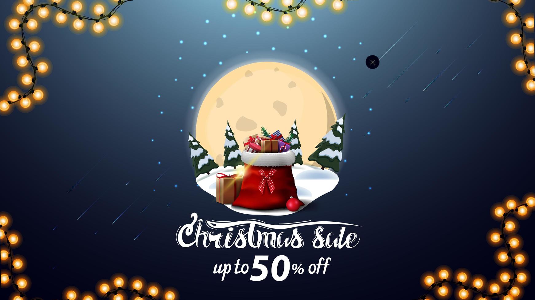 venta de navidad, hasta 50 de descuento, banner de descuento azul con gran luna llena, ventisqueros, pinos, cielo estrellado y bolsa de santa claus con regalos vector