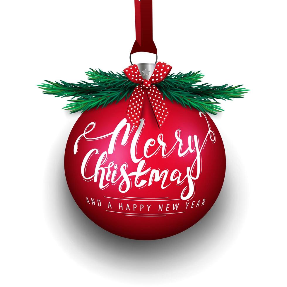 Merry Christmas and Happy New Year, big red Christmas ball with lettering, christmas tree branhes and red bow isolated on white background vector