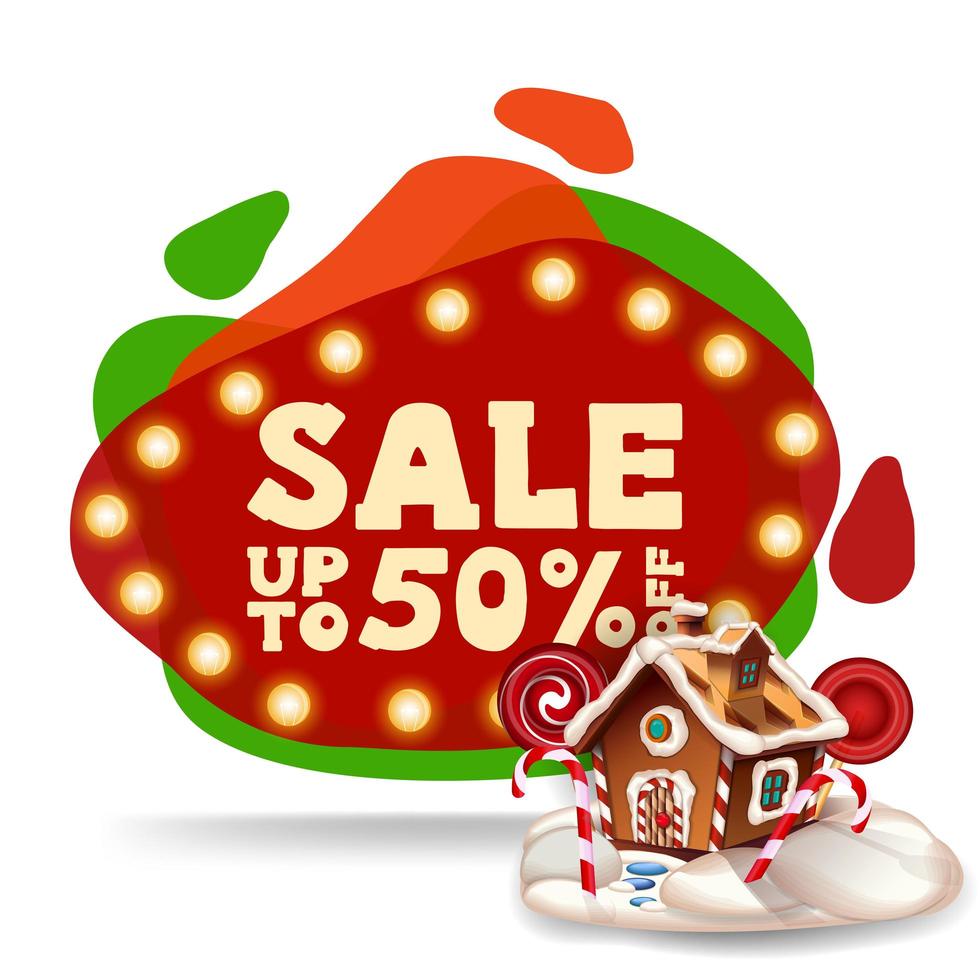 Christmas sale, up to 50 off, modern red discount banner in lava lamp style with Christmas gingerbread house vector