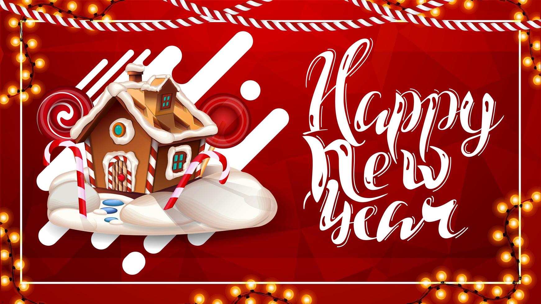 Happy New Year, red postcard with polygonal texture, lava lamp design, beautiful lettering and Christmas gingerbread house vector