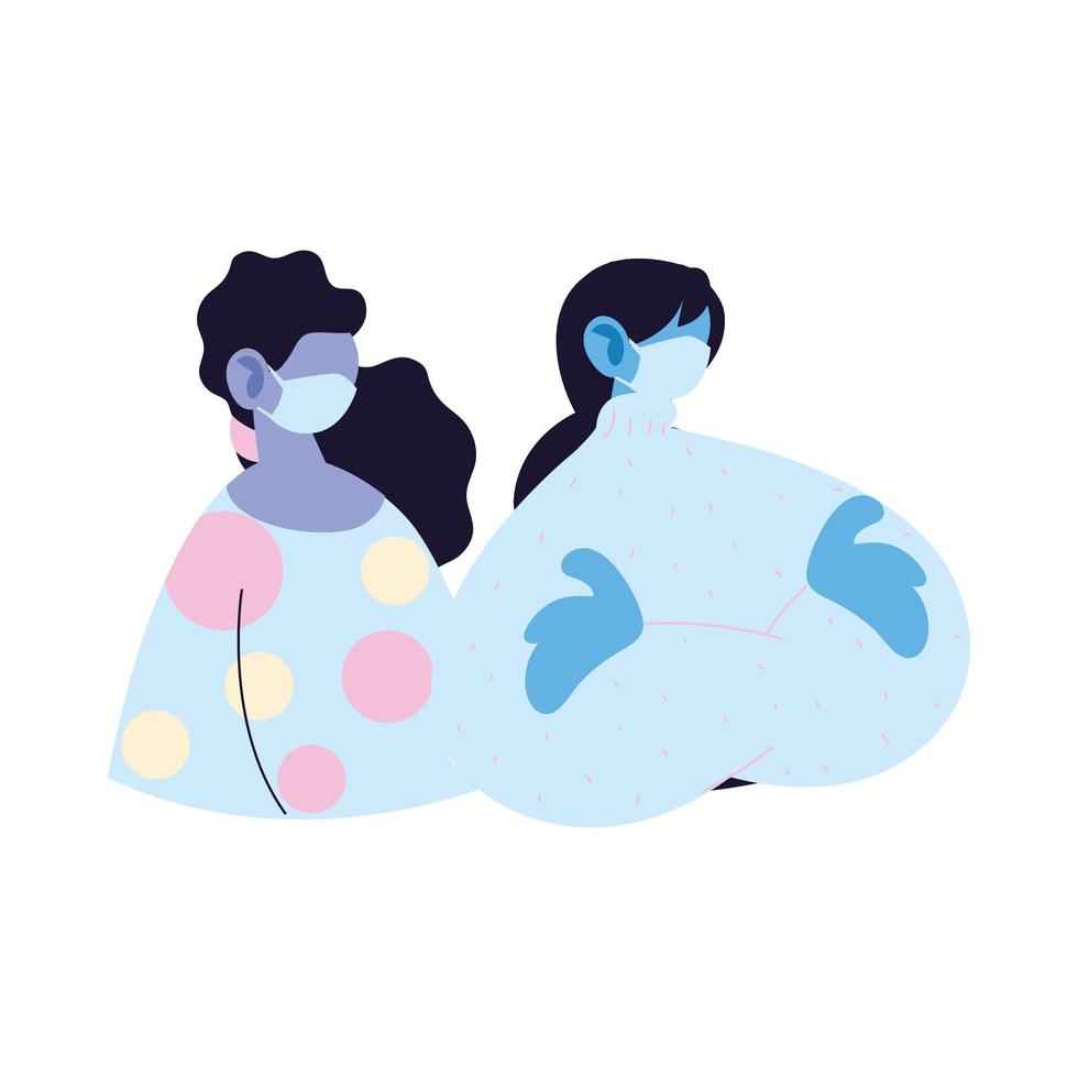 women avatars cartoons with masks and pullovers vector design
