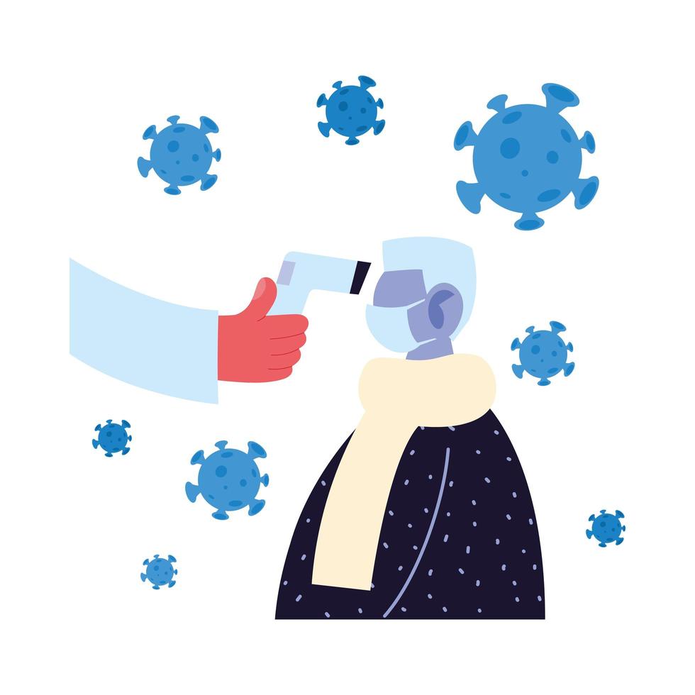 Hand holding thermometer gun checking old man temperature vector design