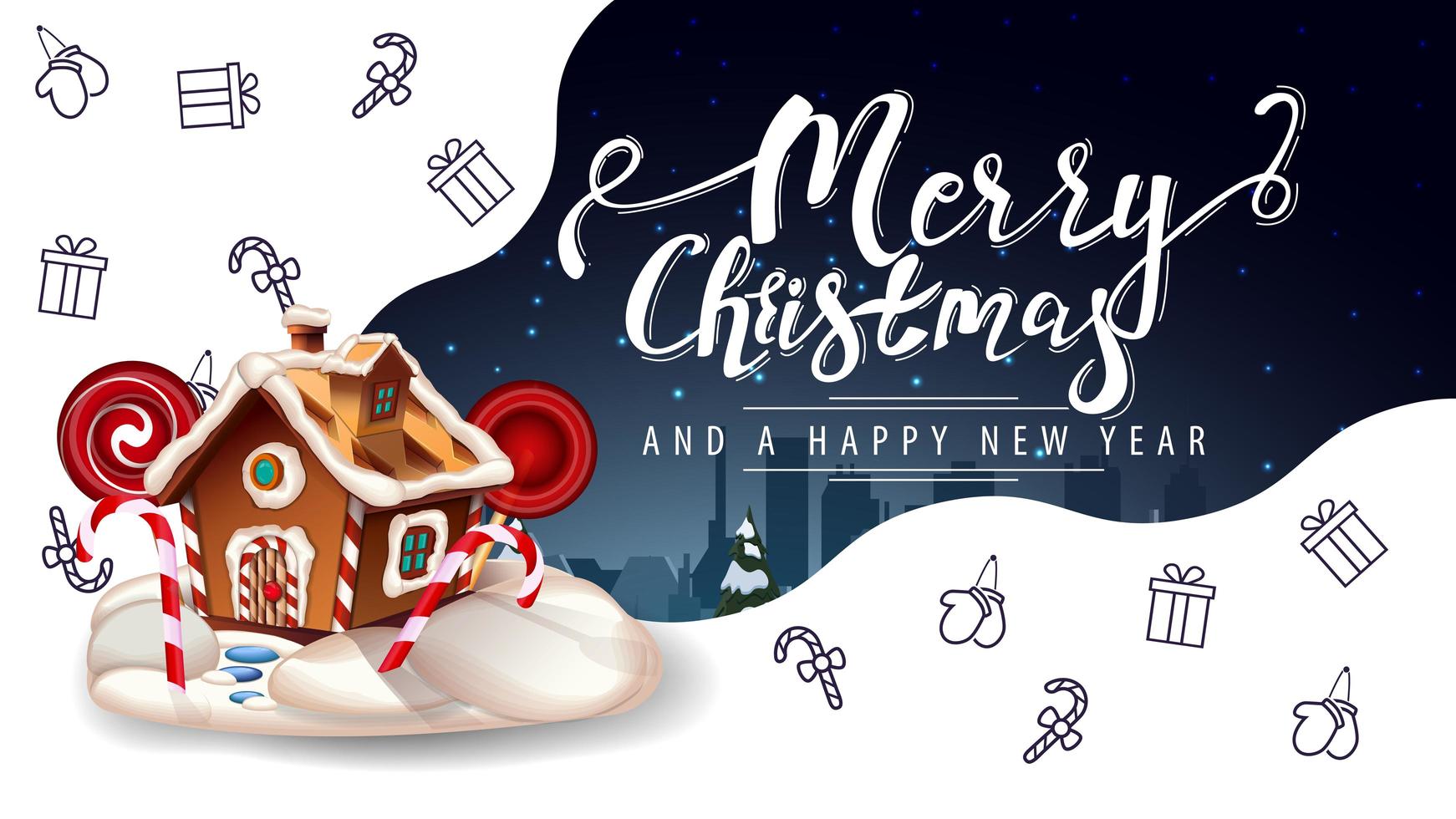 feliz navidad y próspero año nuevo, hermosa postal de felicitación blanca y azul con la casa de pan de jengibre navideña y los iconos de la línea navideña, imaginación espacial vector